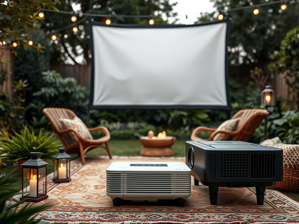 В саду стоит проектор и экран, рядом с креслами и фонарями с горящими свечами. Уютная атмосфера для вечеринки.