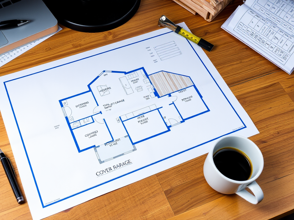 План этажа с кухней, гаражом и другими помещениями на деревянном столе рядом с кружкой кофе.