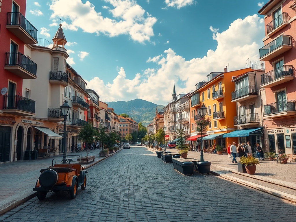 Уютная улица с ресторанами и магазинами, горы на фоне под голубым небом и белыми облаками.