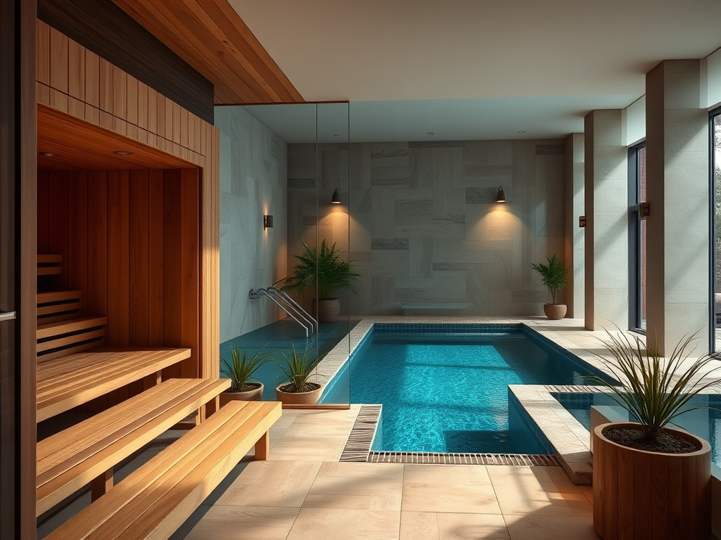 Современная сауна с блестящим бассейном и зелеными растениями, уютная атмосфера для отдыха и релаксации.