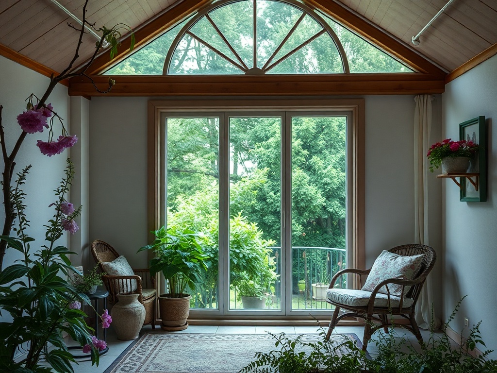 Уютная комната с большими окнами, растениями и мебелью для отдыха, выходящая на зеленый сад.