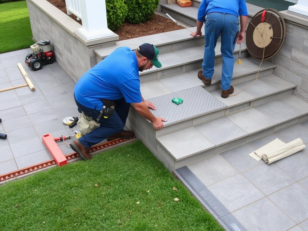 Два рабочих устанавливают плитку на лестницу, один держит плитку, другой работает над её укладкой.