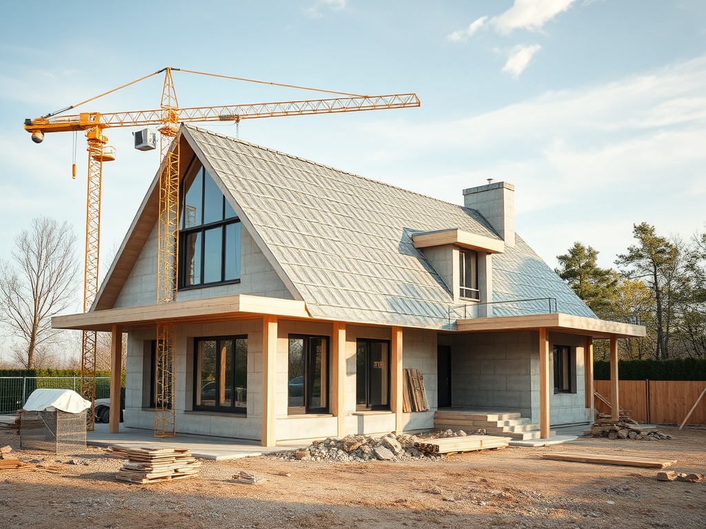 Строящийся дом с большими окнами и строительным краном на фоне ясного неба и природы.