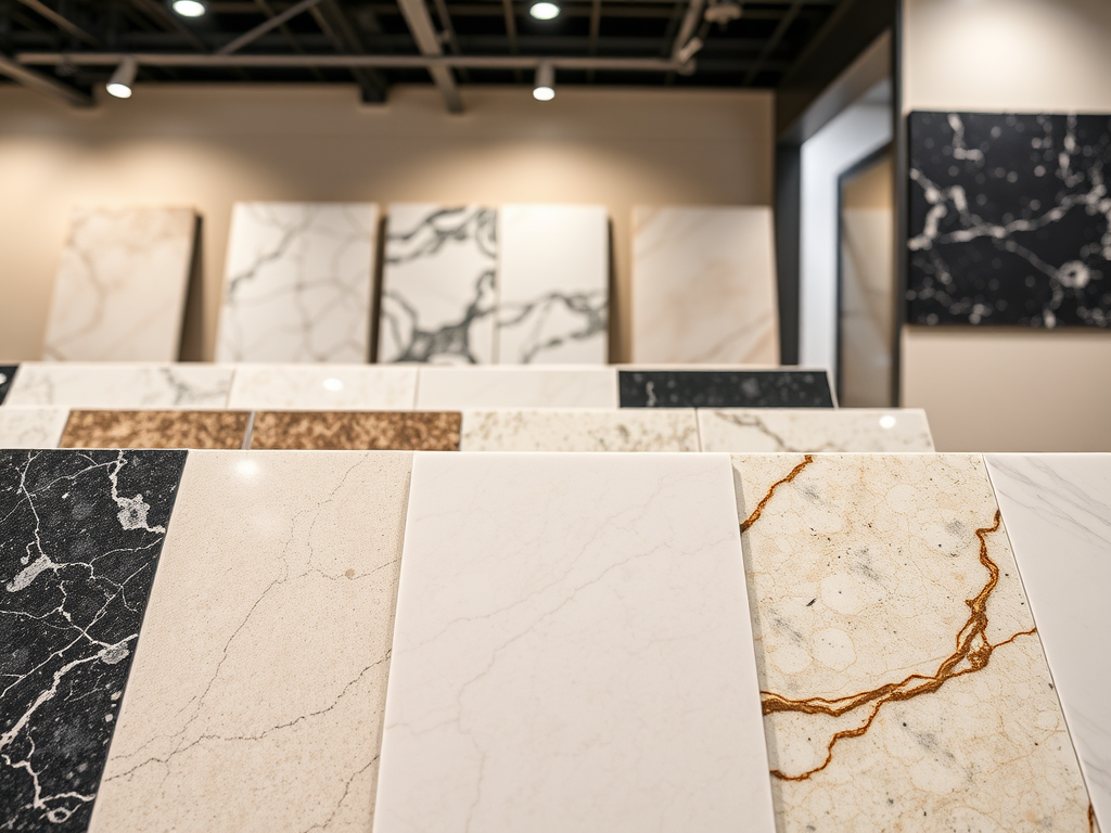 Витрина с образцами мраморных и каменных плит различных цветов и текстур.