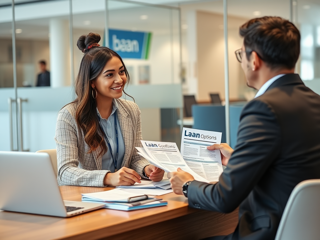 Два человека обсуждают финансовые документы за столом в офисе, один из них улыбается.