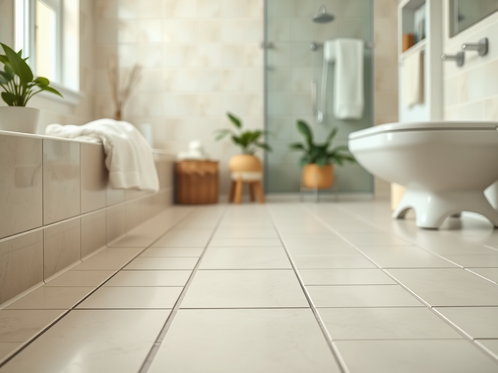 Современная ванная комната с плиточным полом, растениями и душевой кабиной. Светлые тона и уютная атмосфера.