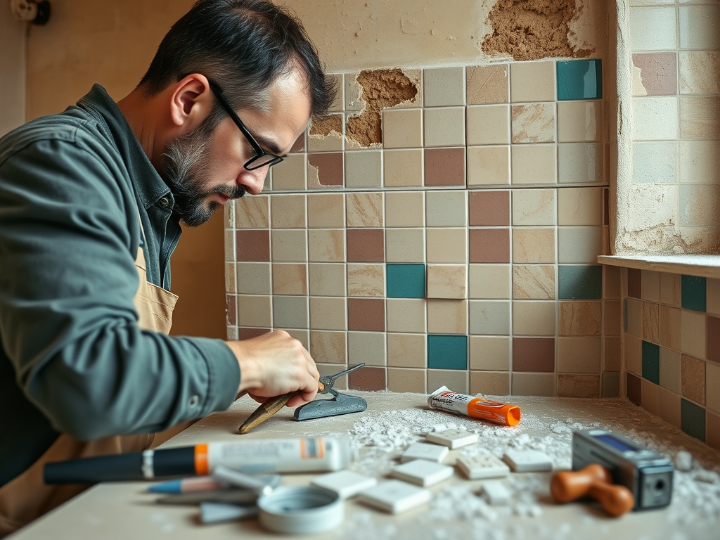 Мастера работает с плиткой на столе, окружённый инструментами и клеем в процессе ремонта.