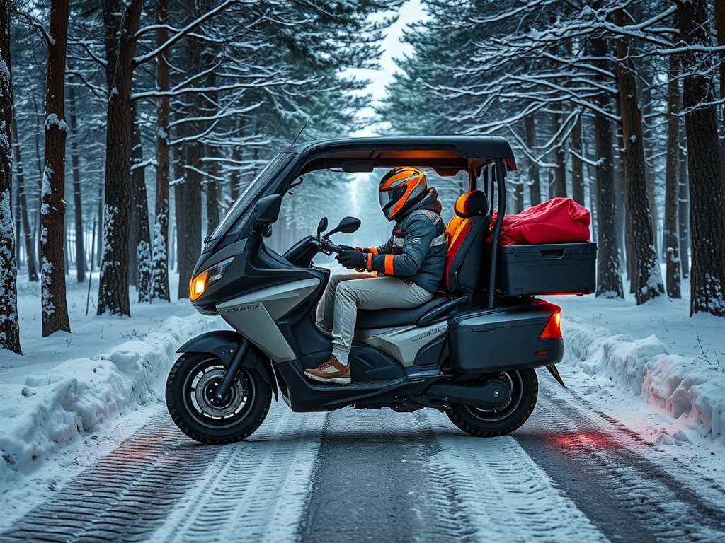 Мотоцикл стоит на заснеженной дороге среди деревьев, водитель в защитной одежде и шлеме.
