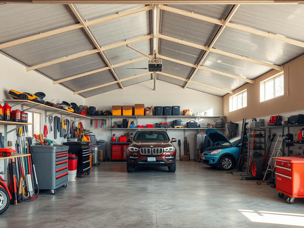 Просторный гараж с двумя автомобилями, полными инструментов и аксессуаров на полках и стенах.