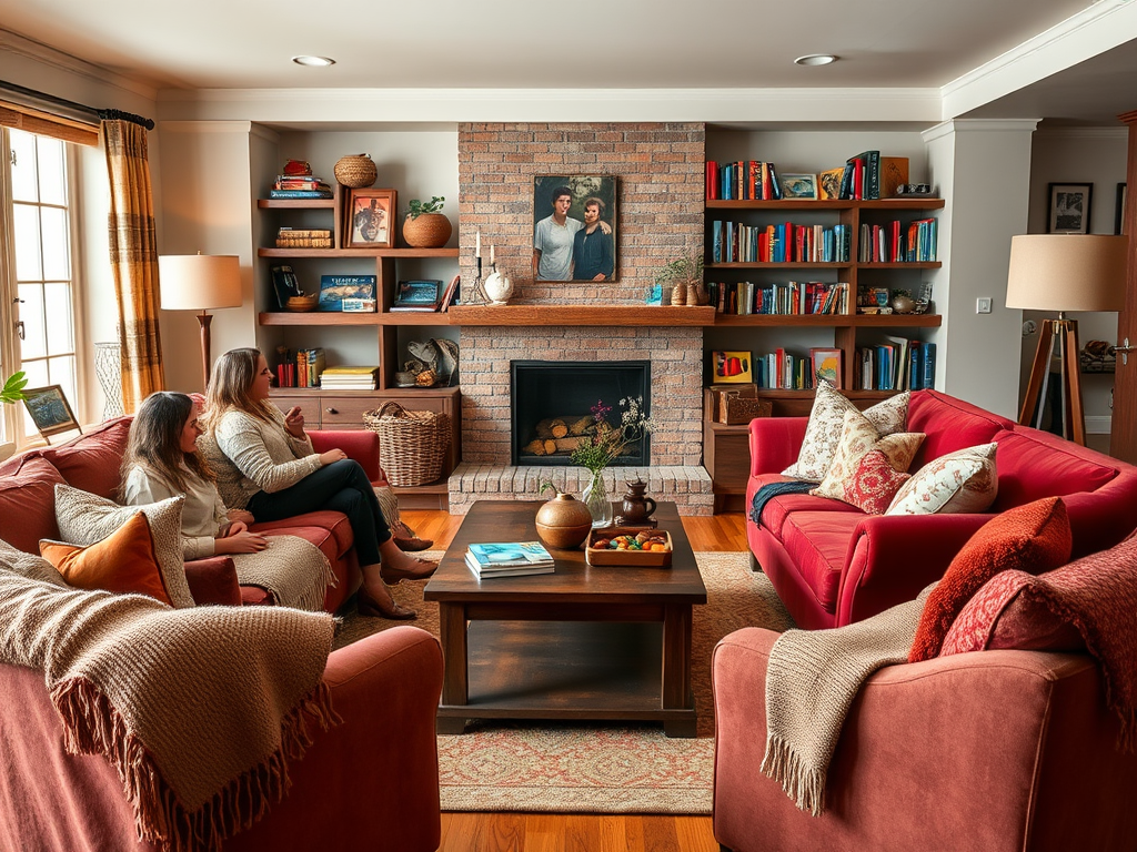 Комфортная гостиная с двумя женщинами, уютной мебелью и книжными полками на фоне камина.