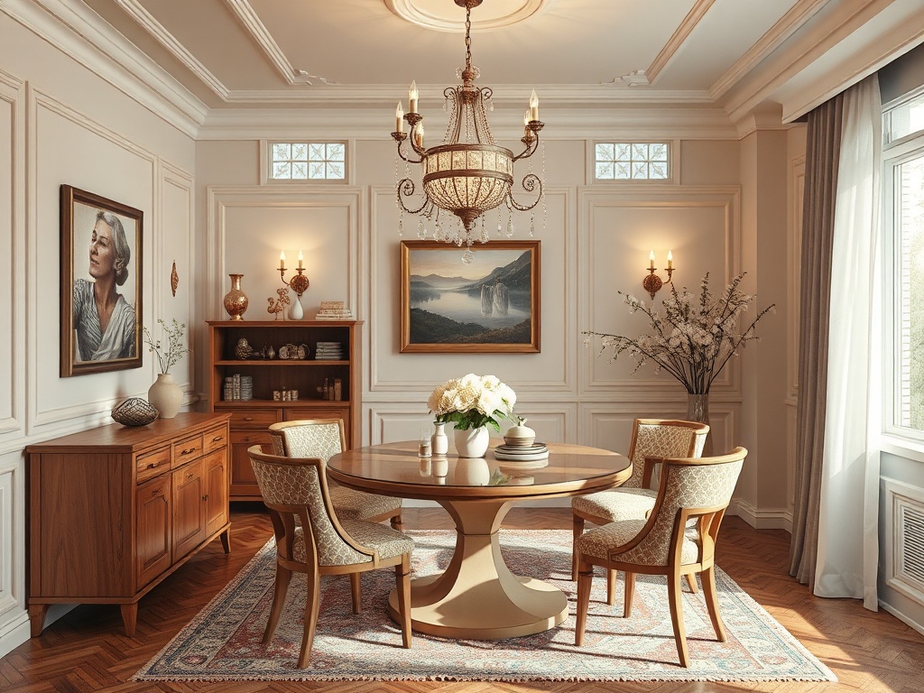 Элегантная столовая с круглым столом, стульями и люстрой. Стены украшены светлыми панелями и картинами.