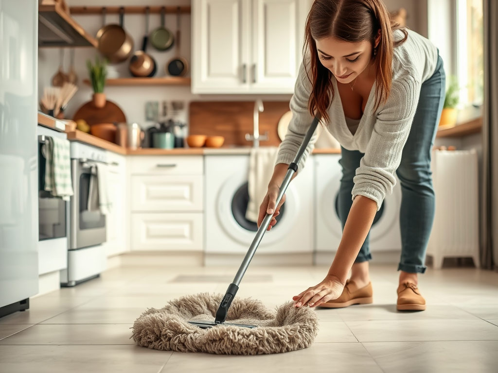 Женщина убирает на кухне, используя швабру, с видом на современную мебель и посуду.