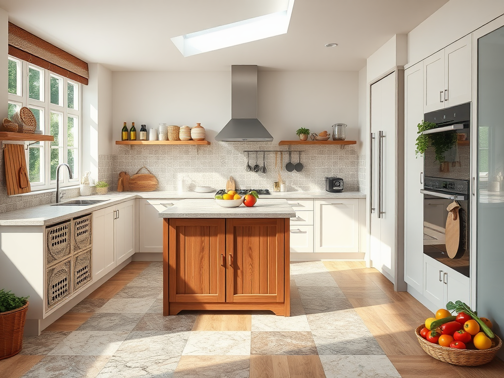 Современная кухня с деревянным островом, фруктами, открытым светом и стильным дизайном.