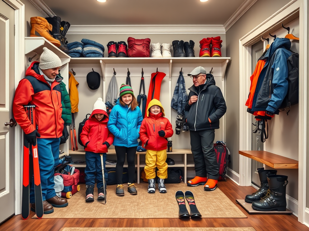 Семья готовится к skiing: пятеро человек в яркой зимней одежде стоят в прихожей с лыжами и снаряжением.