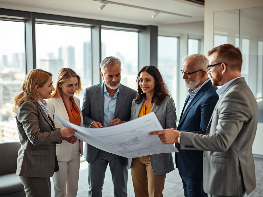 Группа профессионалов обсуждает планы в современном офисе с панорамными окнами на город.
