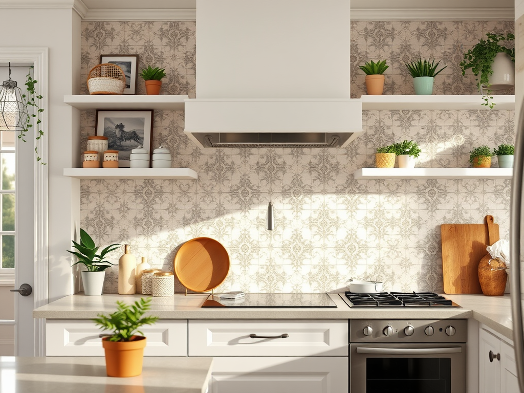 Современная кухня с белыми шкафами, деревянными элементами и зелеными растениями на полках. Светло и уютно.