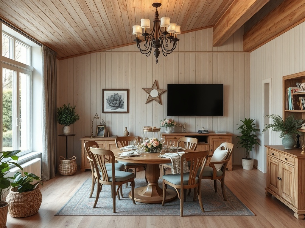 Уютная столовая с деревянной отделкой, столом на 6 человек и телевизором на стене. Растения и стильный декор.