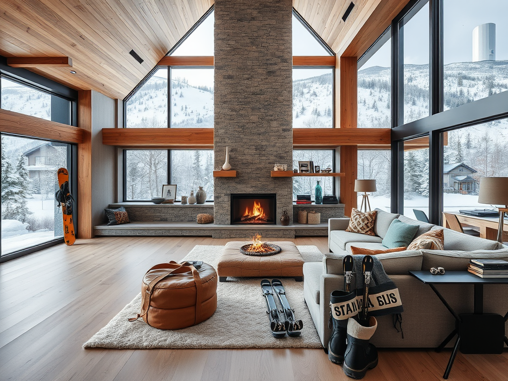 Современный интерьер с камином, большими окнами и зимним пейзажем за окном, зимний декор.