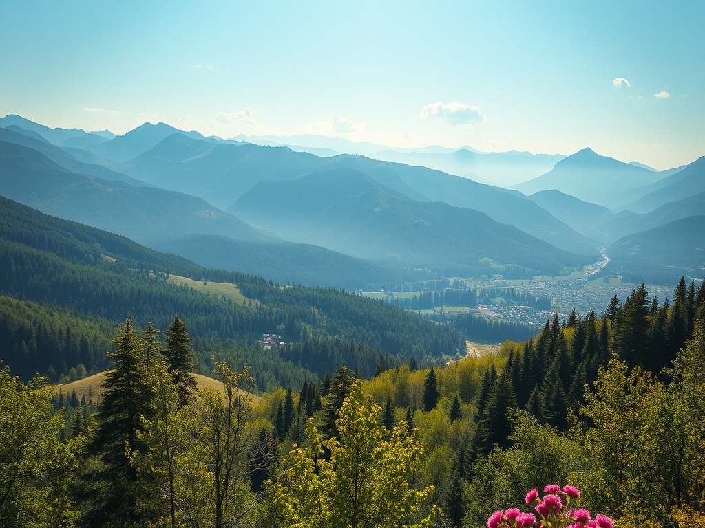 Вид на горный ландшафт с зелеными лесами и городом в долине под голубым небом.