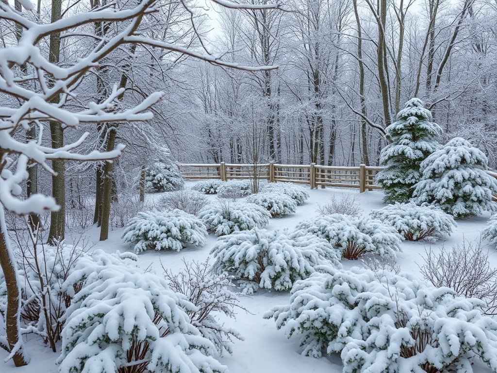 Заснеженный зимний пейзаж с елями и кустарниками, покрытыми снегом, и деревянным мостиком на заднем плане.