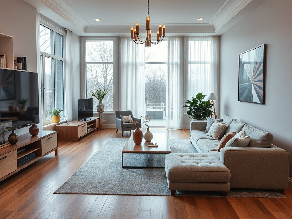 Светлая гостиная с уютной мебелью, большими окнами и зелеными растениями на фоне.